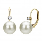 14k Yellow Gold with .10 Ctw Diamond 9-10mm Perfect Round White Akoya Cultured Pearl High Luster Leverback Earring. Include Small Gift Box with Ribbon.