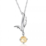 White Gold Plated Angel Wing Pendant Necklace for Women with Large Round Champagne Cubic Zirconia Crystals