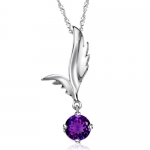 White Gold Plated Angel Wing Pendant Necklace for Women with Large Round Amethyst Cubic Zirconia Crystals