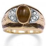 Men's Oval-Shaped Genuine Tiger's Eye Crystal Accent 14k Yellow Gold-Plated Antique-Finish Ring