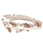 White Faux Leather Wrap Bracelet with Crystal Clear Rhinestones in Silver Tone Snaps and Gold Tone Elephant Snaps.