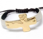 Designer Inspired Gold Hammered Sideways Cross with Leather Band White Cord Bracelet.