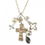 Designer Inspired Hammered Cross/ivory Pearl Cluster Necklace on Linked Ivory Pearls. St. Mary Miraculous Medlal. Worn Gold/worn Silver Plating * 4mm Linked Ivory Pearl Necklace, 30 * Artisan Cross & Ivory Pearl Cluster * Lobster Clasp Closure •30 Lin