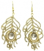 Glamorous Gold Tone 2.5 Dangle Crystal Embellished Peacock Feather Earrings with Iridescent Jewel Surrounded by Tiny Faux Pearls