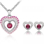 Fancy Pink and Clear Austrian Crystal Beautiful Jeweled Open Heart Charm Pendant Women Necklace and Earrings Set Elegant Crystal Fashion Jewelry