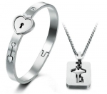 Key to Your Heart Novel Stainless Steel Bangle and Key Pendant Necklace Set for Couple