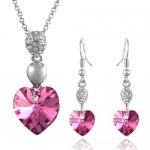 Sparkling Oval Dangle Heart Swarovski Elements Heart Shaped Crystal Pendant Necklace and Earrings Set - Pink