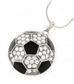 Silver Soccer Ball Pendant Necklace with Black Enamel and Clear Glass Crystals