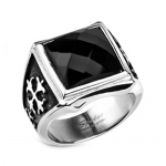 Stainless Steel Square Onyx Simulated Diamond Biker Ring with Royale Cross Design on Side Views - Crazy2Shop