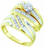 Men's Ladies 10K Yellow and White Gold .32CT Round Cut Diamond Wedding Engagement Bridal Trio Ring Set