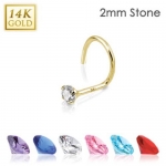 {Clear} 14 Karat Solid Yellow Gold 2mm Prong CZ Nose Screw Ring - 20 GA - Clear
