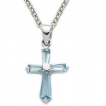 5/8 Sterling Silver Baguette Cross Necklace with Aquamarine Cubic Zirconia Stone on 18 Chain