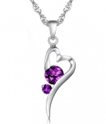 White Gold Plated Womens Necklace Heart Shape Pendant for Women with Two Purple Zirconia