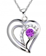 Rhodium Plated 925 Silver Diamond Accent Amethyst Heart Shape Pendant Necklace 18-sn3600