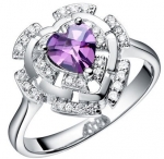 White Gold Plated Amethyst CZ Heart Shaped Wedding Ring-CR3766(6.5)