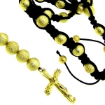 Disco Ball Rosary Beaded Necklace Black & Gold Iced Out Bling