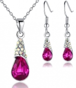 Raindrop Crystal Pendant Necklace and Earrings Set for Women Red Fuchsia - 3016701