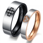 Stainless Steel Love Couples Promise Rings Mens Ladies Wedding Bands with Patterned Cubic Zirconia Heart and Cross Inlay, Women's Size 7
