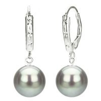 Sterling Silver 7-8mm Perfect Round Grey Cultured Freshwater Pearl Leverback with Diamond Accent Earring. Includes Giftbox with Ribbon.
