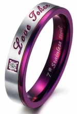 Purple Stainless Steel Engraved Love Token Couples Engagement Wedding Anniversary Promise Ring Band with CZ Inlay, Ladies' Size 6