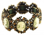 Gorgeous and Ornate Ring of Green Cameos Cuff Bracelet with Yellow Crystal Accents - Antique Gold Tone