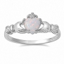 Sterling Silver 0.765ct Heart cut Synthetic Fiery White Australian Opal Promise Friendship Engagement Dublin Claddagh Ring, Wedding Ring, sz 4.0, Fidelity