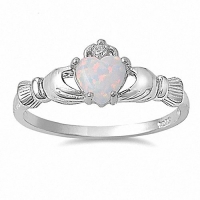 Sterling Silver 0.765ct Heart cut Synthetic Fiery White Australian Opal Promise Friendship Engagement Dublin Claddagh Ring, Wedding Ring, sz 5.0, Fidelity