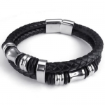 8, KONOV Jewelry Leather Mens Bracelet Stainless Steel Charms Clasp, Black Silver - 8 inch