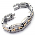 KONOV Jewelry Heavy Stainless Steel Cubic Zirconia Link Mens Bangle Bracelet, Silver Gold, 8 Inch