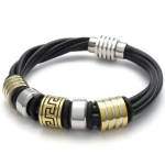 8.5, KONOV Jewelry Leather Mens Bracelet Magnetic Stainless Steel Clasp, Gold Black Silver - 8.5