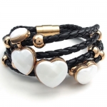 KONOV Jewelry Stainless Steel Heart Charms Braided Leather Womens Bracelet, White Gold Black