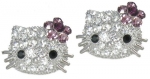 Large 3/4 Kitty Stud Earrings with Dazzling Austrian Crystals and Purple Flower Bow - Silver Tone Rhodium Plated - Comes Gift Boxed
