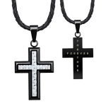 Willis Judd New Mens Black Stainless Steel Cross Pendant engraved Together Forever With Silver Carbon Fiber On Genuine Leather Necklace Packed in a Free Black Velvet Gift Pouch