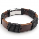 8, KONOV Jewelry Mens Surfer Brown Leather Bracelet Stainless Steel Clasp, 12mm - 8 inch