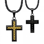 Willis Judd New Mens Black Stainless Steel Cross Pendant engraved Together Forever With Gold Carbon Fiber On Genuine Leather Necklace Packed in a Free Black Velvet Gift Pouch