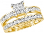 Women's 14K Yellow Gold 1ct Princess and Round Cut Diamond Wedding Engagement Bridal Ring Set