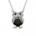Sterling Silver Two-Tone Gunmetal Color Sapphire Owl Pendant Necklace, 18
