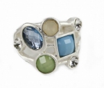 Silvertone Blue and Green Mosaic Stone Stretch Ring Fashion Jewelry