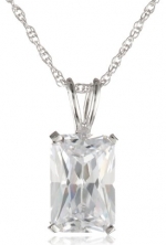Platinum Plated Sterling Silver Emerald-Cut Cubic Zirconia Pendant Necklace, 18