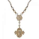 Catholic & Religious Saints Bracelet. St. Mary & St. Michael. Hand-knotted Ivory Pearl Necklace with Religious Relics •Features: * Worn Gold Plating * Hand-knotted Ivory Pearls * Bold Chain * Religious Relics Pendants * Approx. Length: 30 + Extender * 
