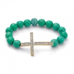 PalmBeach Jewelry 51724 Round Genuine Turquoise with Crystal Accents Goldtone Metal Horizontal Cross Stretch Bracelet 8