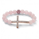 PalmBeach Jewelry 51726 Round Genuine Rose Quartz Crystal Accent Rosetone Metal Horizontal Cross Stretch Bracelet 8
