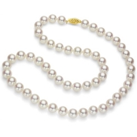 18k Yellow Gold 7-7.5mm White Hand-pick Genuine Japanese Saltwater Akoya Pearl High Luster Necklace 18 Length. AAA Quality, Hand Knotted and Secured With Filigree Clasp.