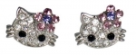 X-small 1/4 Kitty Stud Earrings w/ Purple Flower Bow for Girls, Tweens and Teens Silver Tone