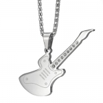 Rock n Roll CZ Guitar Necklace Pendant Mens Stainless Steel Chain (Silver)
