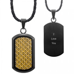 Willis Judd New Mens Black Stainless Steel Dog Tag Pendant Engraved I Love You with Gold Carbon Fiber on Genuine Leather Necklace Packed in a Free Black Velvet Gift Pouch
