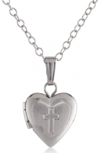 Sterling Silver Children's Hand Engraved Cross Heart Locket Pendant Necklace , 13