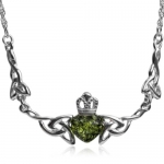 Green Amber and Sterling Silver Claddagh Necklace, 18