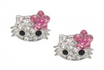 X-small 1/4 Kitty Stud Earrings w/ Pink Flower Bow for Girls, Tweens and Teens Silver Tone