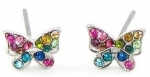 Adorable X-Small / Mini Rainbow Multi-color Crystal Embellished Butterfly Stud Earrings - Silver Tone